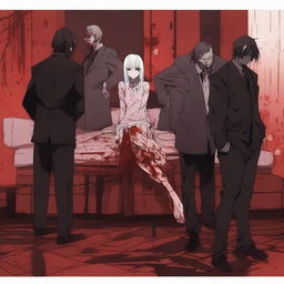 A modern anime-style scene featuring a woman sitting on a couch with six men standing behind her, all covered in blood