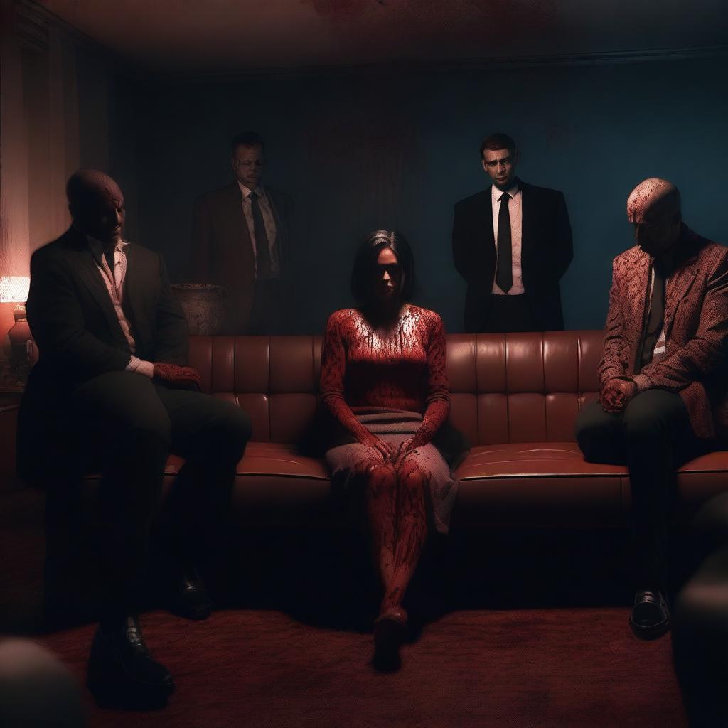 A modern 3D-rendered scene featuring a woman sitting on a couch with six men standing behind her, all covered in blood