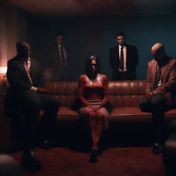 A modern 3D-rendered scene featuring a woman sitting on a couch with six men standing behind her, all covered in blood