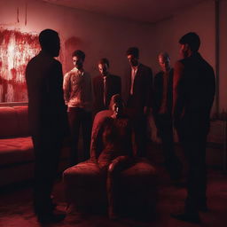 A modern 3D-rendered scene featuring a woman sitting on a couch with six men standing behind her, all covered in blood