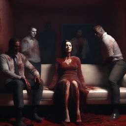 A modern 3D-rendered scene featuring a woman sitting on a couch with six men standing behind her, all covered in blood