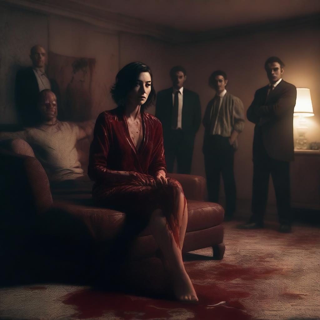 A modern 3D-rendered scene featuring a woman sitting on a couch with six men standing behind her, all covered in blood