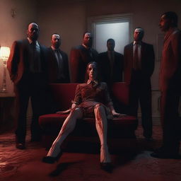 A 3D-rendered scene featuring a woman sitting on a couch with six men standing behind her, all covered in blood