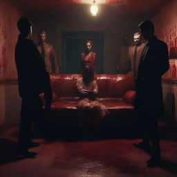 A 3D-rendered scene featuring a woman sitting on a couch with six men standing behind her, all covered in blood