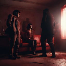 A 3D-rendered scene featuring a woman sitting on a couch with six men standing behind her, all covered in blood