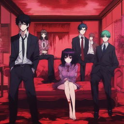 A vibrant anime-style scene featuring a woman sitting on a couch with six men standing behind her, all covered in blood