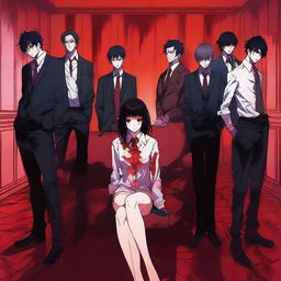 A vibrant anime-style scene featuring a woman sitting on a couch with six men standing behind her, all covered in blood