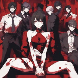 A vibrant anime-style scene featuring a woman sitting on a couch with six men standing behind her, all covered in blood