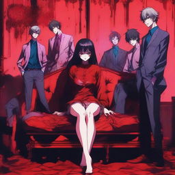 A vibrant anime-style scene featuring a woman sitting on a couch with six men standing behind her, all covered in blood