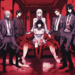 An anime-style scene featuring a woman sitting on a couch with six men standing behind her, all covered in blood