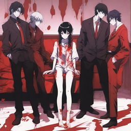 An anime-style scene featuring a woman sitting on a couch with six men standing behind her, all covered in blood