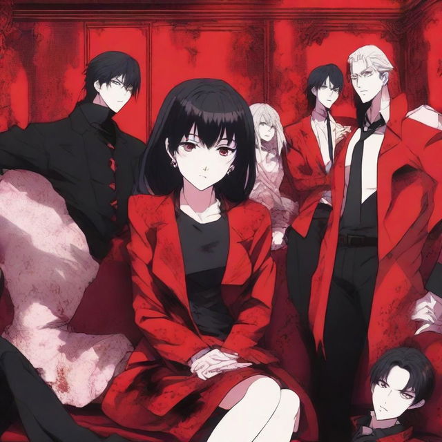 An anime-style scene featuring a woman sitting on a couch with six men standing behind her, all covered in blood