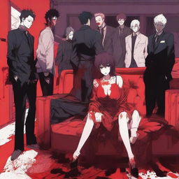 An anime-style scene featuring a woman sitting on a couch with six men standing behind her, all covered in blood