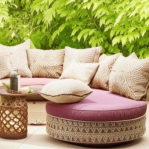 Chic outdoor seating area, influenced by the charm of Arabic line designs, boasting comfortable cushions, elaborate geometric patterns, and intricate details in a rich color palette.