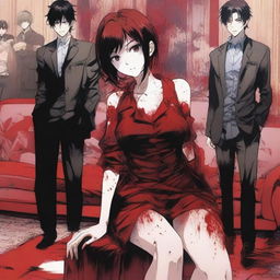 A manga-style scene featuring a woman sitting on a couch with six men standing behind her, all covered in blood