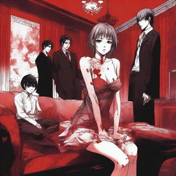 A manga-style scene featuring a woman sitting on a couch with six men standing behind her, all covered in blood