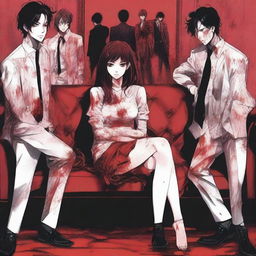 A manga-style scene featuring a woman sitting on a couch with six men standing behind her, all covered in blood