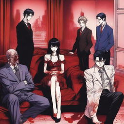 A manga-style scene featuring a woman sitting on a couch with six men standing behind her, all covered in blood