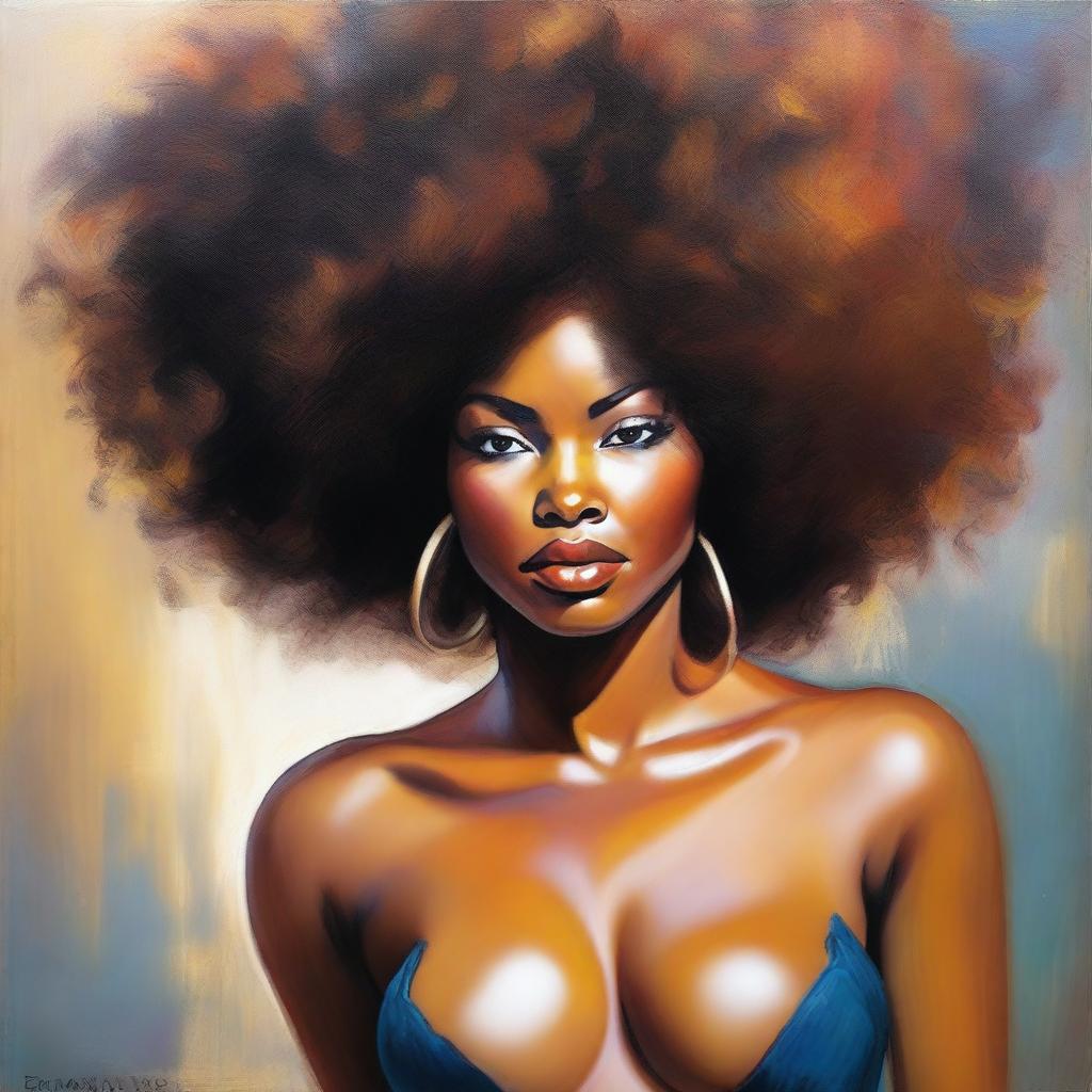 An oil-based painting of a sexy Black woman with a voluminous afro