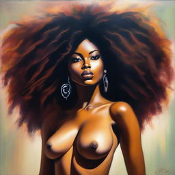 An oil-based painting of a sexy Black woman with a voluminous afro