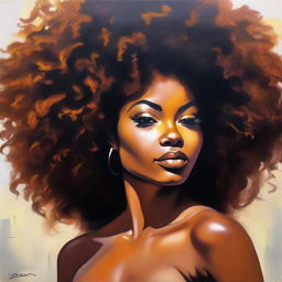 An oil-based painting of a sexy Black woman with a voluminous afro