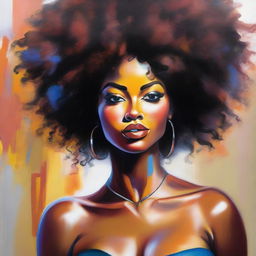 An oil-based painting of a sexy Black woman with a voluminous afro