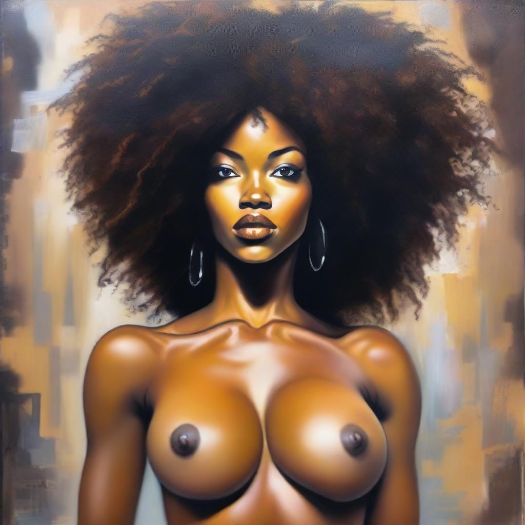 An oil-based painting of a full view sexy Black woman with an afro, focusing on her curves and breasts