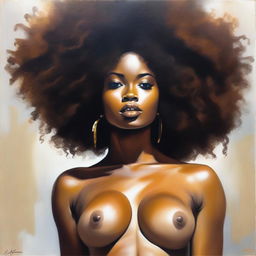 An oil-based painting of a full view sexy Black woman with an afro, focusing on her curves and breasts