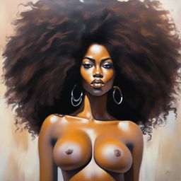 An oil-based painting of a full view sexy Black woman with an afro, focusing on her curves and breasts