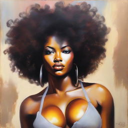 An oil-based painting of a full view sexy Black woman with an afro, focusing on her curves and breasts