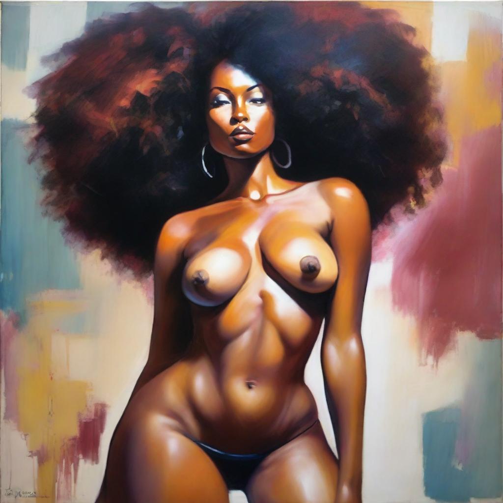 An oil-based painting of a full-body view of a sexy Black woman with an afro