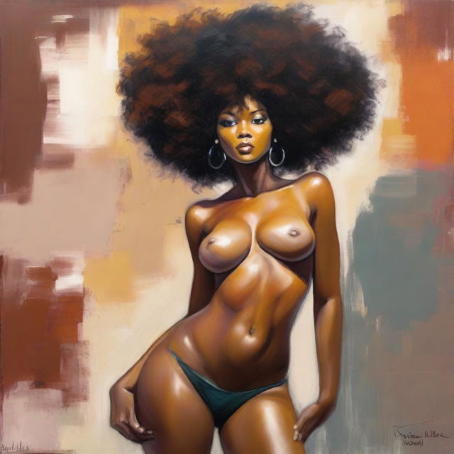 An oil-based painting of a full-body view of a sexy Black woman with an afro