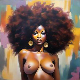 An oil-based painting of a full-body view of a sexy Black woman with an afro