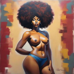 An oil-based painting of a full-body view of a sexy Black woman with an afro