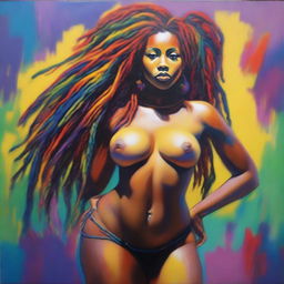 An oil-based painting of a full-body view of a sexy Black woman with colorful dreadlocks