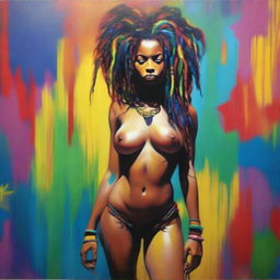 An oil-based painting of a full-body view of a sexy Black woman with colorful dreadlocks