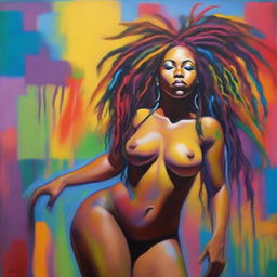 An oil-based painting of a full-body view of a sexy Black woman with colorful dreadlocks