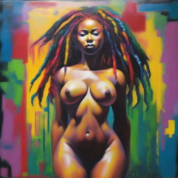 An oil-based painting of a full-body view of a sexy Black woman with colorful dreadlocks