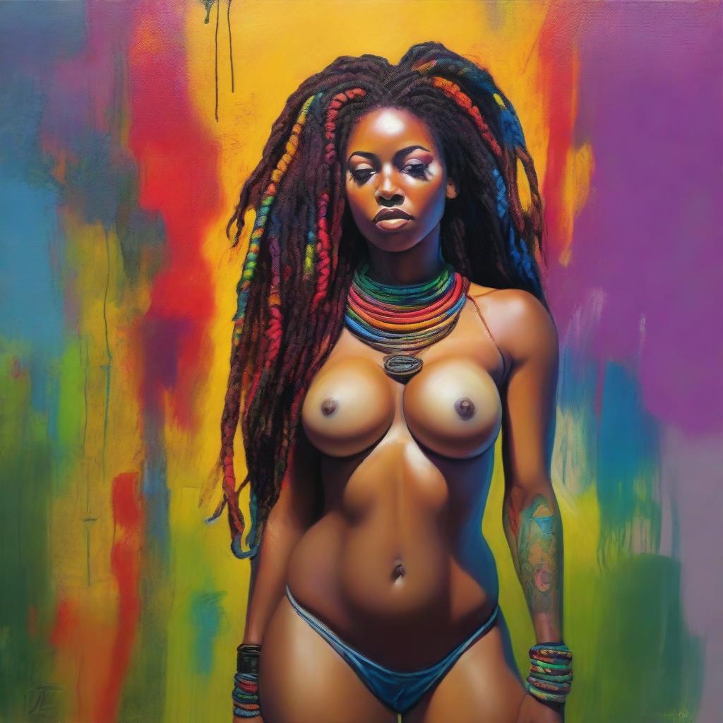 A hyper-realistic, full-body oil-based painting of a sexy Black woman with colorful dreadlocks