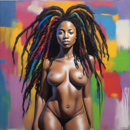 A hyper-realistic, full-body oil-based painting of a sexy Black woman with colorful dreadlocks