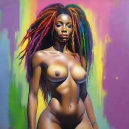 A hyper-realistic, full-body oil-based painting of a sexy Black woman with colorful dreadlocks