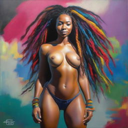 A hyper-realistic, full-body oil-based painting of a sexy Black woman with colorful dreadlocks