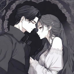 A dark love scene from a manhwa, featuring a mysterious couple in a shadowy, gothic setting with intricate background details