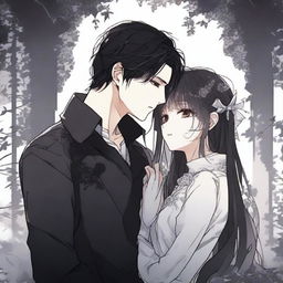 A dark love scene from a manhwa, featuring a mysterious couple in a shadowy, gothic setting with intricate background details