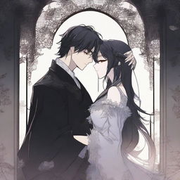 A dark love scene from a manhwa, featuring a mysterious couple in a shadowy, gothic setting with intricate background details