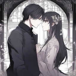 A dark love scene from a manhwa, featuring a mysterious couple in a shadowy, gothic setting with intricate background details