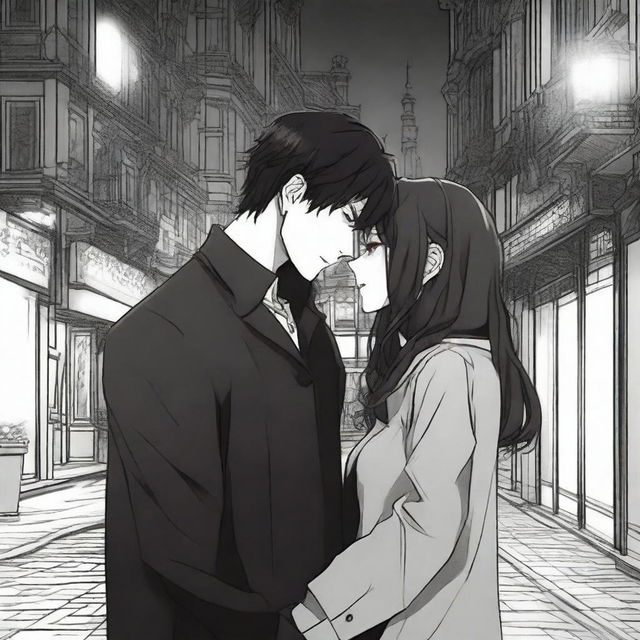 A dark love scene from a manhwa, featuring a mysterious couple in a shadowy, gothic street setting with intricate background details