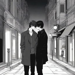 A dark love scene from a manhwa, featuring a mysterious couple in a shadowy, gothic street setting with intricate background details