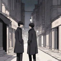 A dark love scene from a manhwa, featuring a mysterious couple in a shadowy, gothic street setting with intricate background details