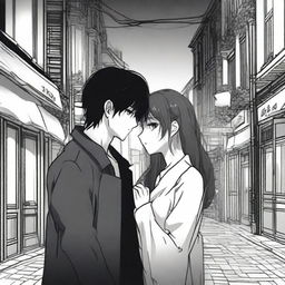 A dark love scene from a manhwa, featuring a mysterious couple in a shadowy, gothic street setting with intricate background details